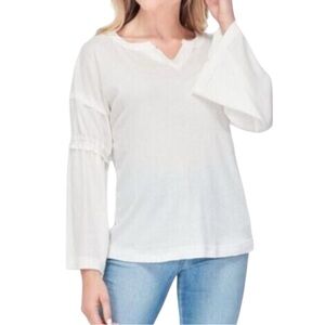 BAEA Waffle Knit V-Neck Top Large Thermal Knit Bell Sleeves Reverse Stitch NWT